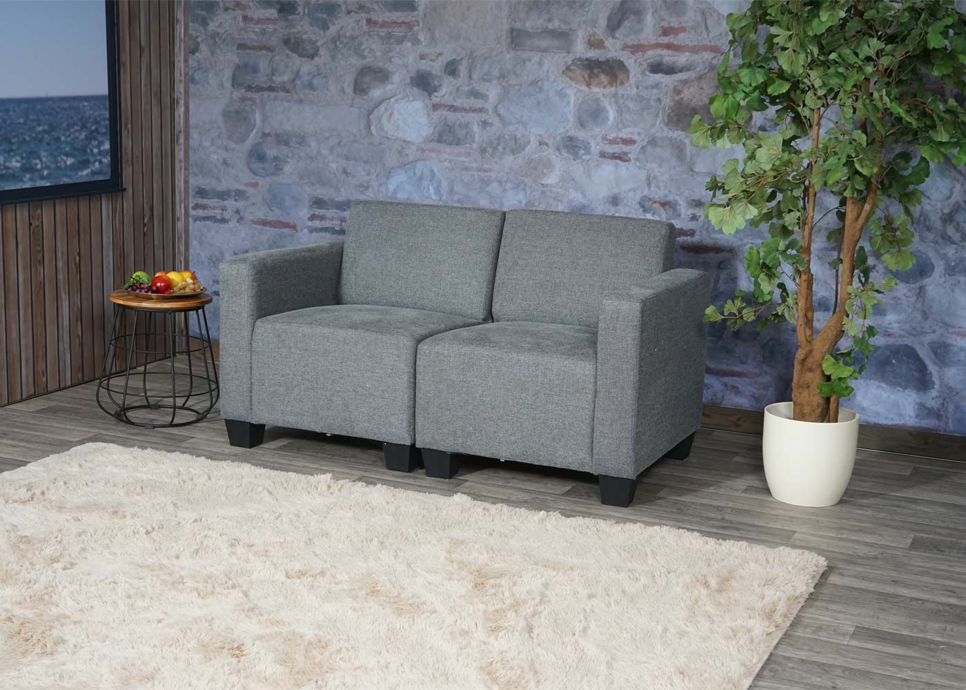 Modular 2-Sitzer Sofa Couch Moncalieri, Stoff/Textil ~ grau
