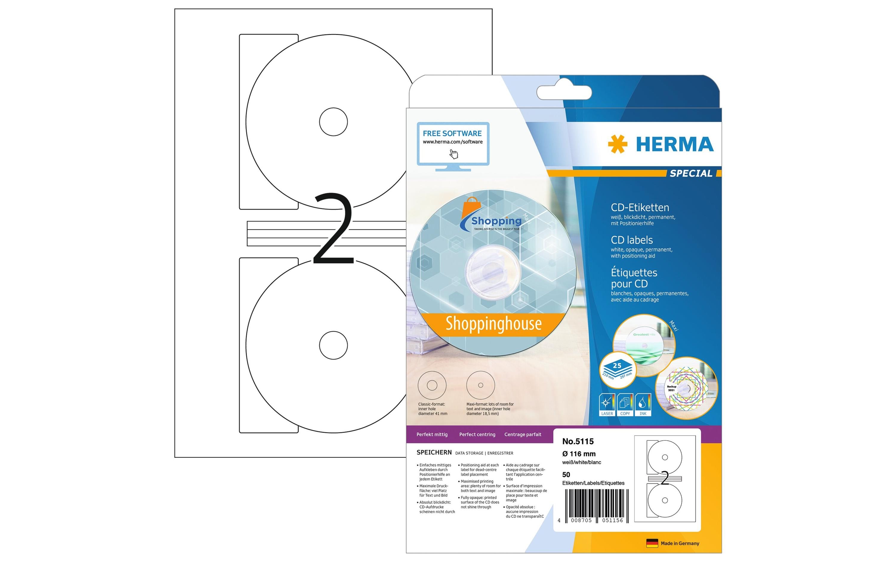 CD-Etiketten 5115 Ø 116 mm Weiss, 25 BlattBedruckbare und selbstklebende Etiketten für CD