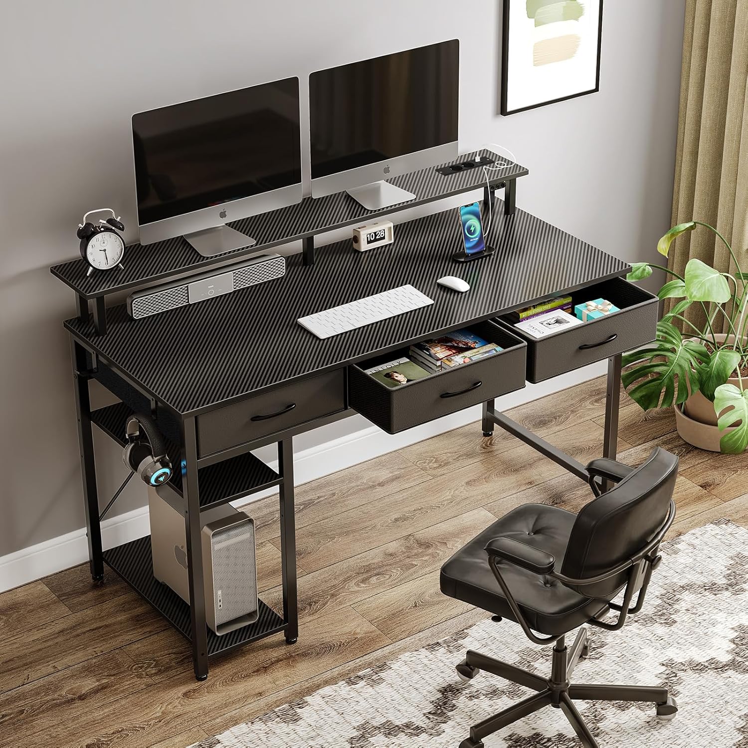 Rolanstar Schreibtisch mit Schubladen, Computertisch mit Steckdosen & LED, Gaming Tisch mit Monitorständer, Regal & 2 Haken, Gaming Schreibtisch für Büro, Wohnzimmer(Schwarz, 120x47x90,5cm)