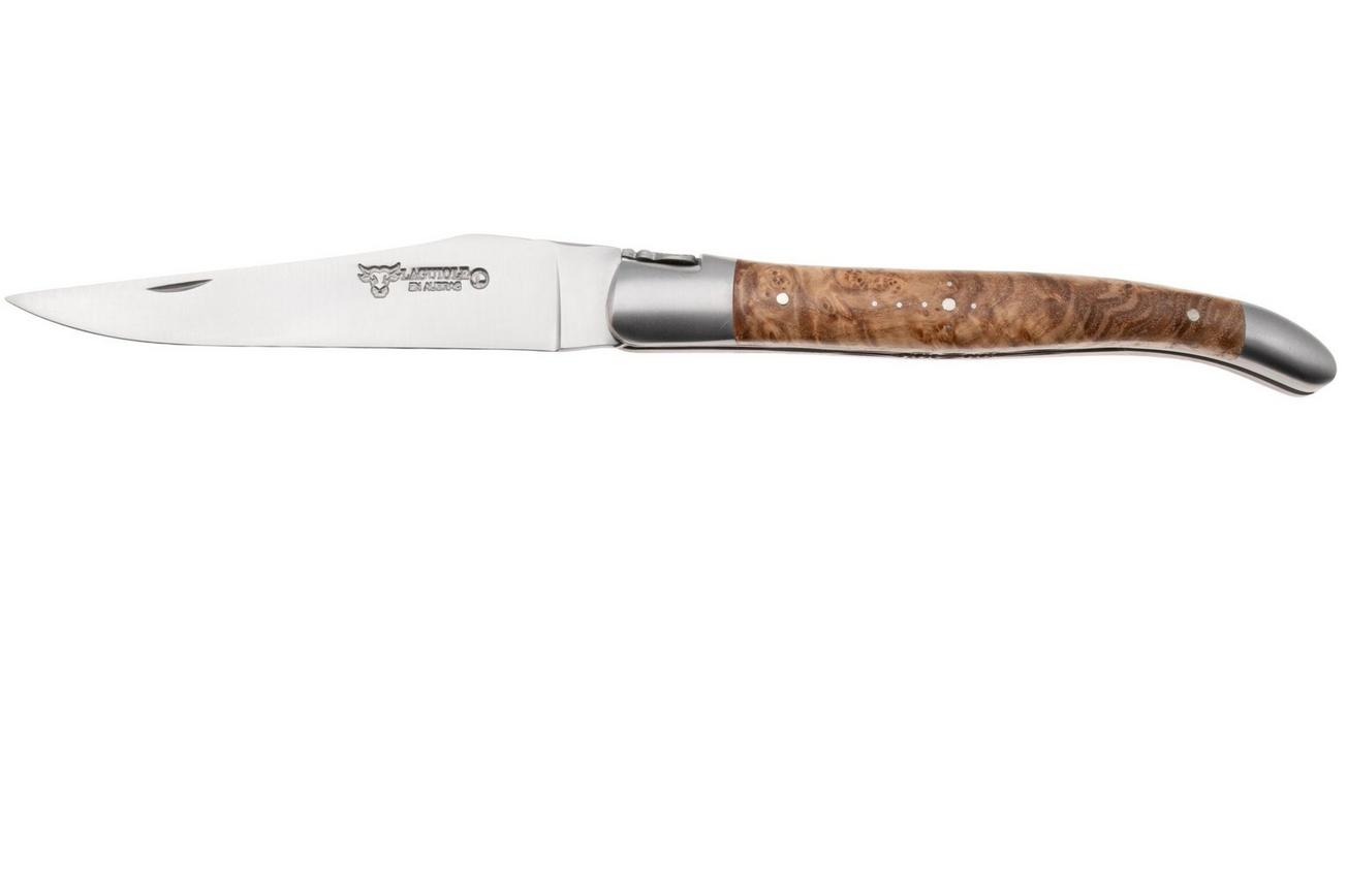 Laguiole en Aubrac Black Ash Burl, Double Plated, Matt Bolsters, zakmes, 12 cm