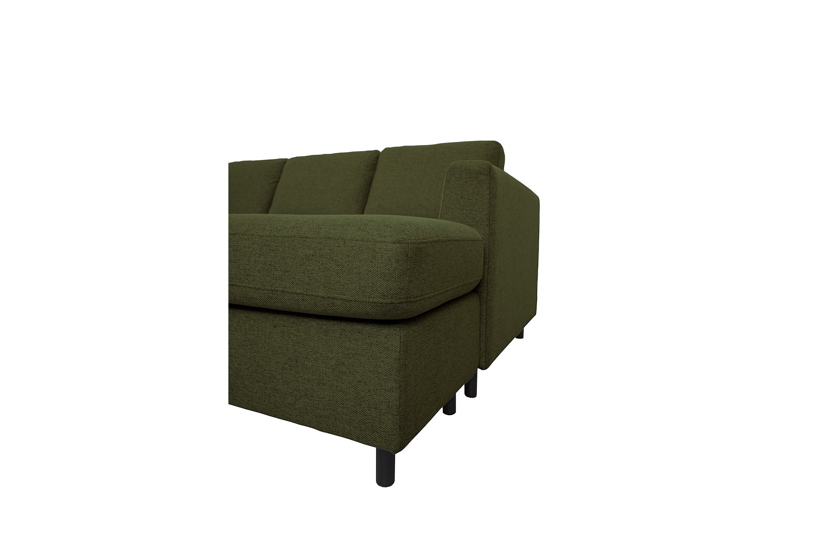Oslo U-sofa Åpen ende venstre og sjeselong høyre. Tekstil Neve 39 Green beige med sorte ben