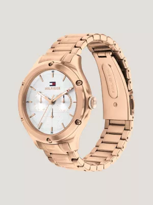 Relógio de pulso com pulseira, mostrador branco e banho de ouro rosa.