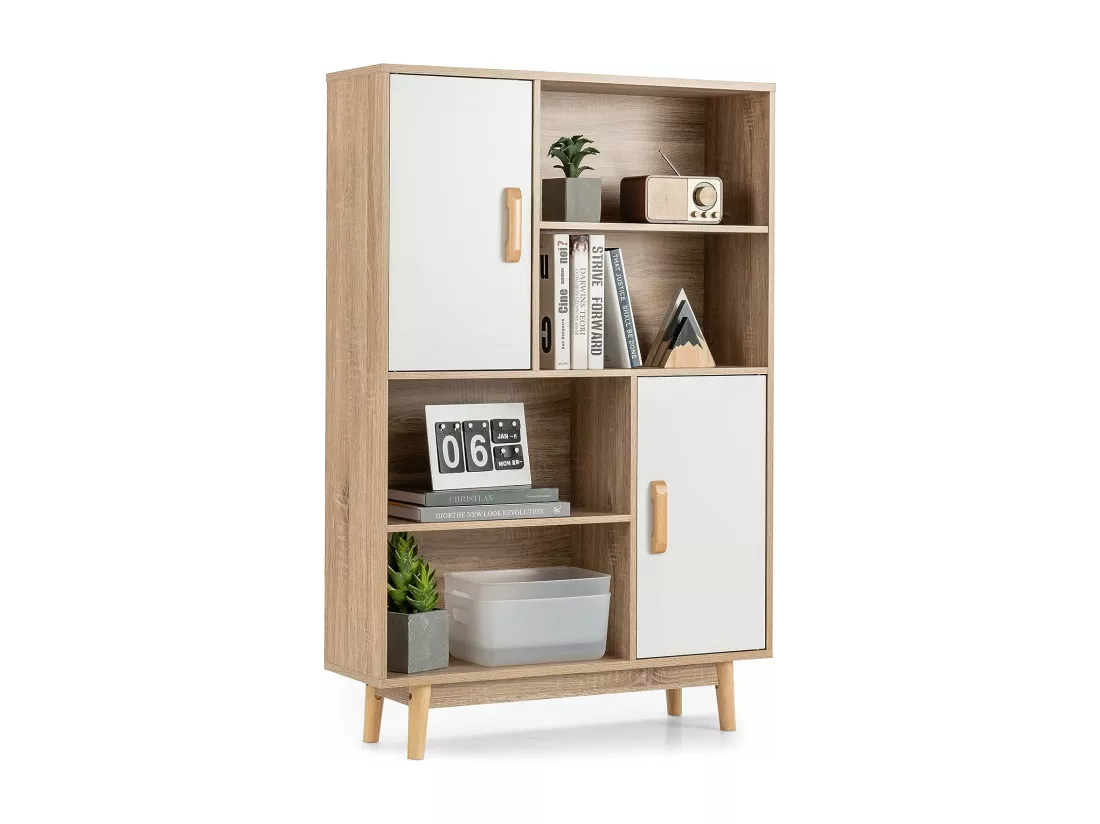 Bibliothèque, étagère à 4 niveaux avec 2 portes, meuble de rangement avec patins anti-rayures et dispositif anti-basculement (blanc+naturel)