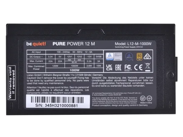 be quiet! Pure Power 12 M 1000W - Strømforsyning (intern) - ATX12V 3.0/ EPS12V 2.92 - 80 PLUS Gold - AC 100-240 V - 1000 Watt - aktiv PFC - Europa - sort