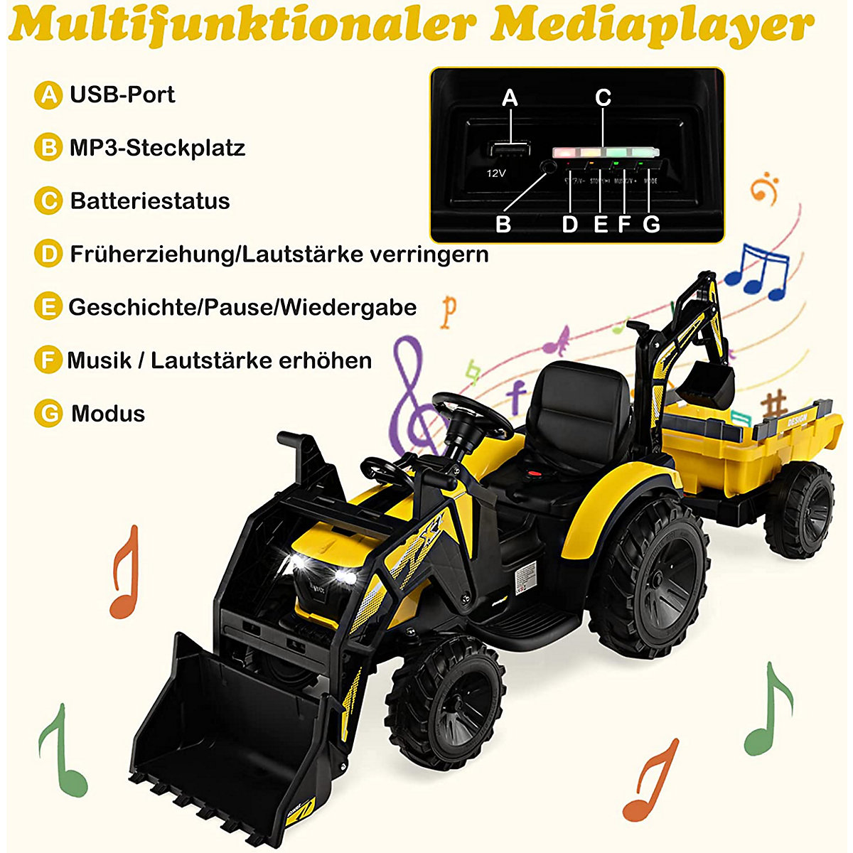 COSTWAY&reg; 12V Traktor mit Anh&auml;nger Elektroauto mit Fernbedienung & Musik gelb