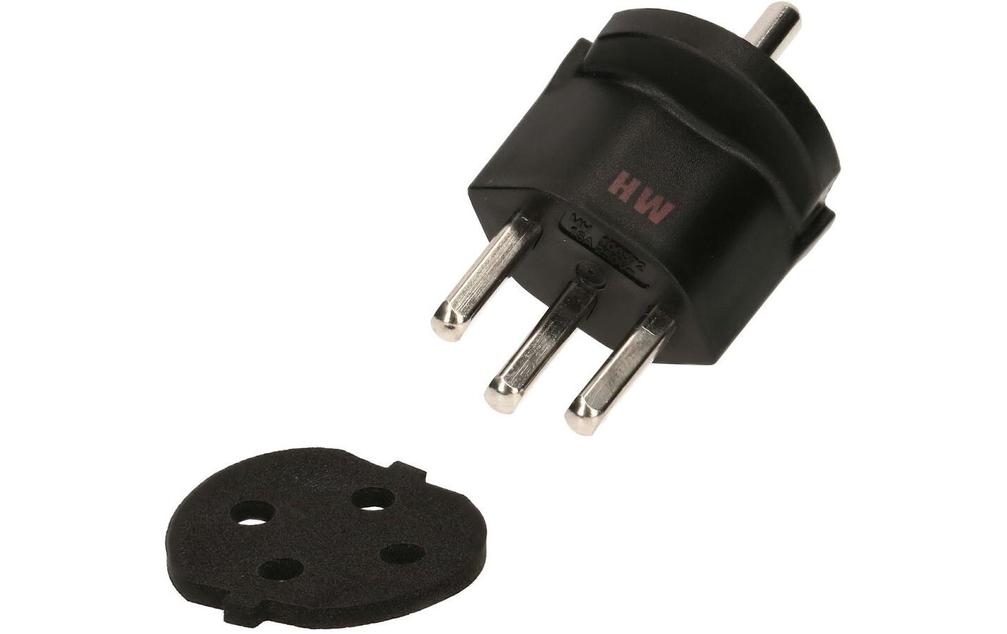 Fixadapter Schuko – T23 IP44, SchwarzFixadapter 3-Pol Deutscher Schuko Stecker auf Schweizer T23 Stecker