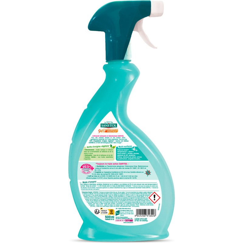 Désinfectant nettoyant multi-usages Sanytol 94 % végétal, agrumes - Spray 500 ml