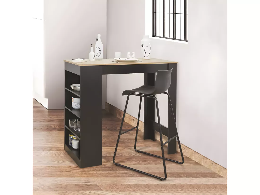 KANPE - Table de Bar Mange-Debout avec Etagères Noir