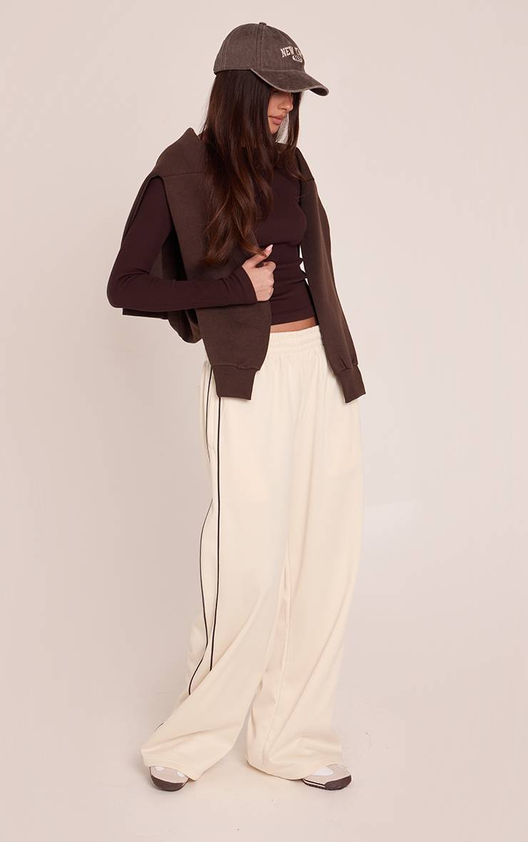 Crème Pantalon De Survêtement Tricot Jambe Large À Bandes Latérales
