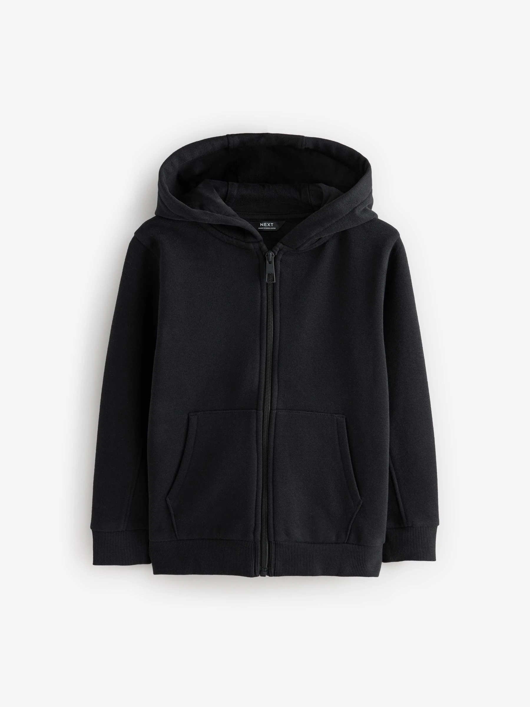 Zwart - Effen hoodie met doorlopende rits (3-16 jr)