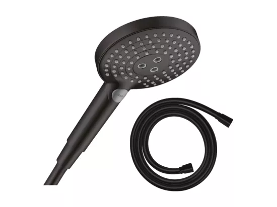 Pommeau de douche HANSGROHE Raindance Select S EcoSmart 120 3 jets noir mat + flexible de douche 1,25 m HANSGROHE Isiflex noir mat