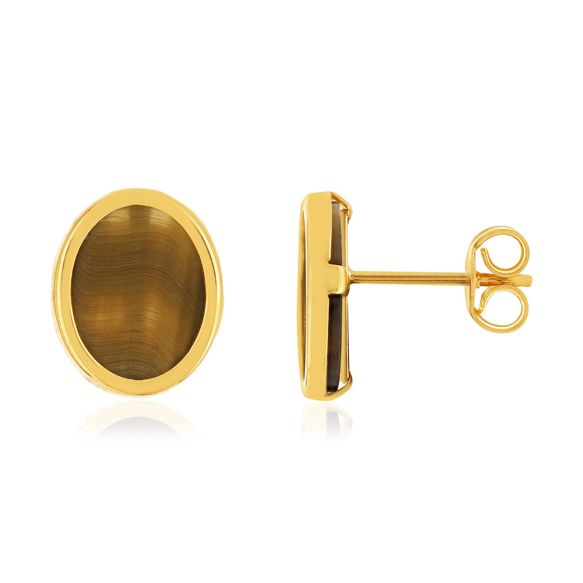 Boucles d'oreilles or 750 jaune oeil de tigre ovale