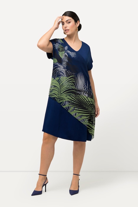 Jerseykleid, Palmenblätter, V-Ausschnitt, Halbarm
