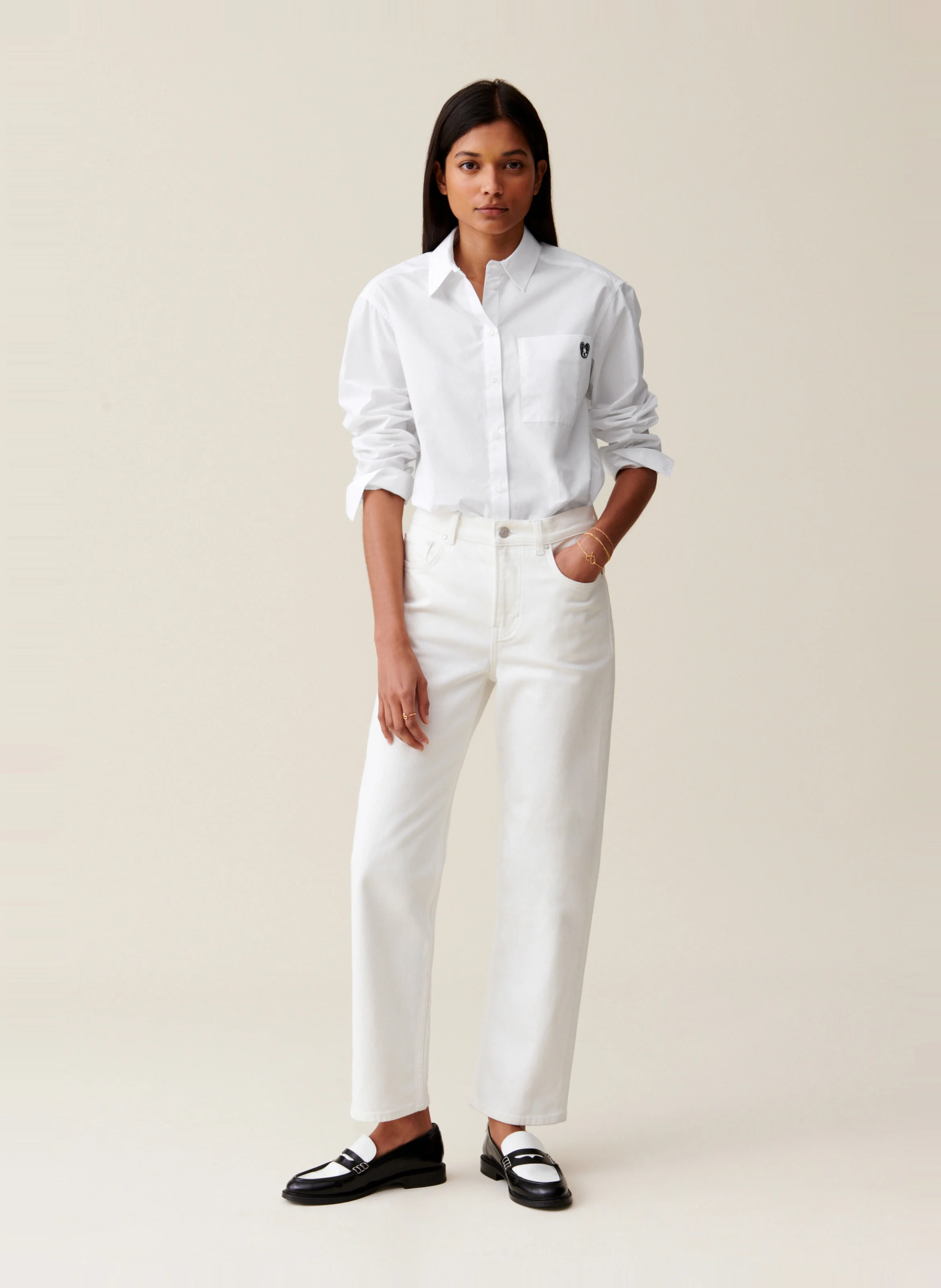 Chemise droite en denim brodé Jean Toto | Blanc