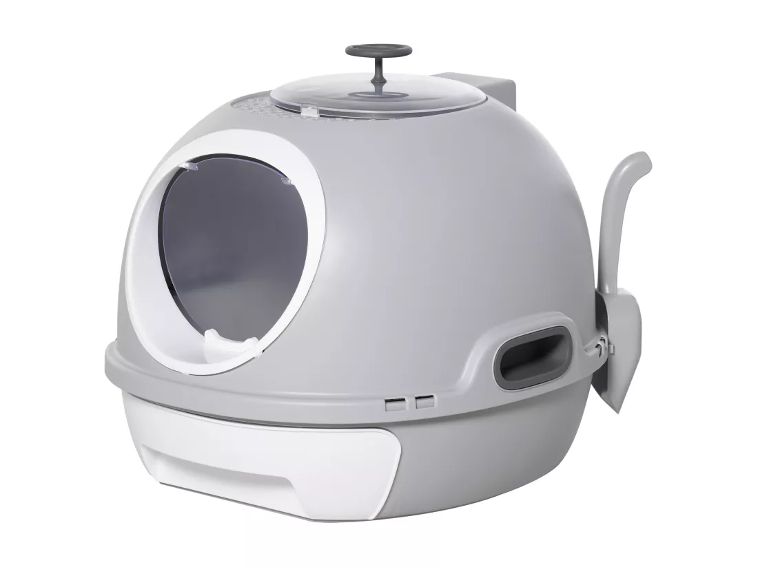 Maison de toilette portable pour chat tiroir à litière coulissant porte battante lucarne + pelle fournis dim. 47L x 55l x 44H cm gris