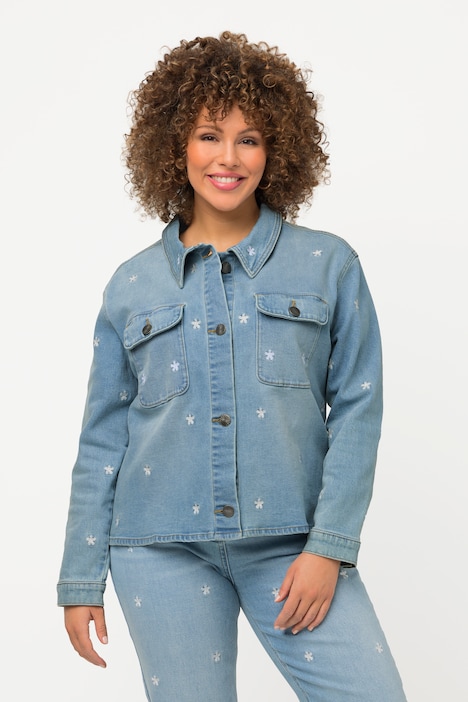 Jeansjacke, Oversized, Blütenstickerei, Hemdkragen
