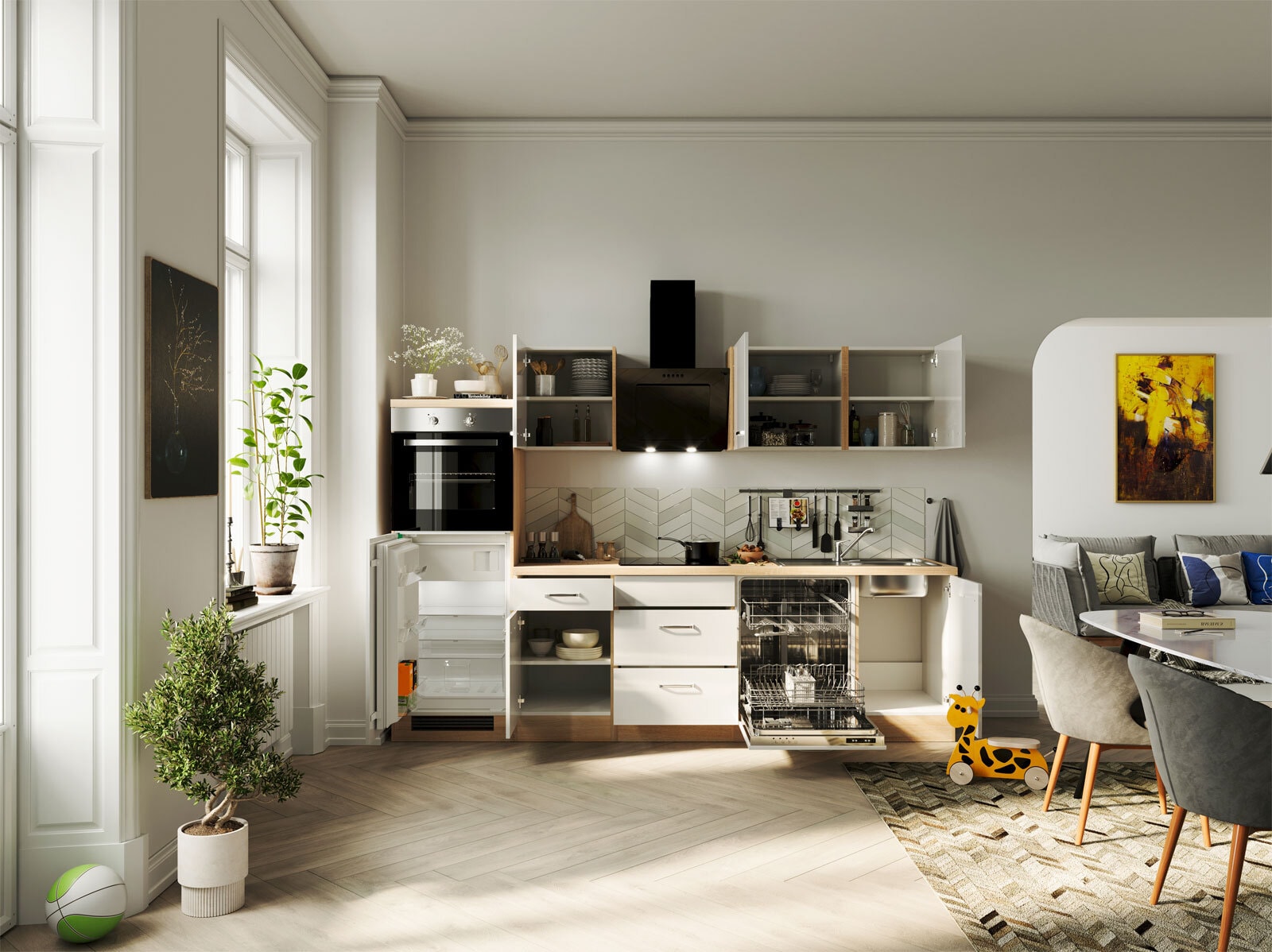 Küchenblock Valero Weiß Hochglanz/Sonoma Eiche Nachbildung 280 cm