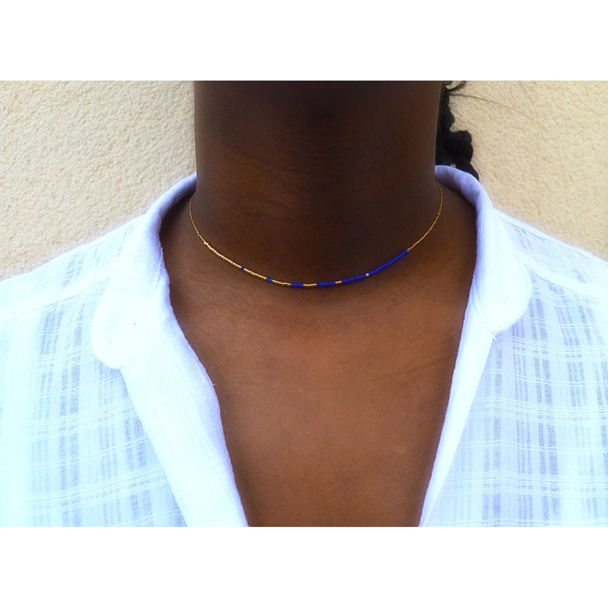 Collier femme minimaliste délicat chaîne ultra fine perles miyuki  ( Bleu)