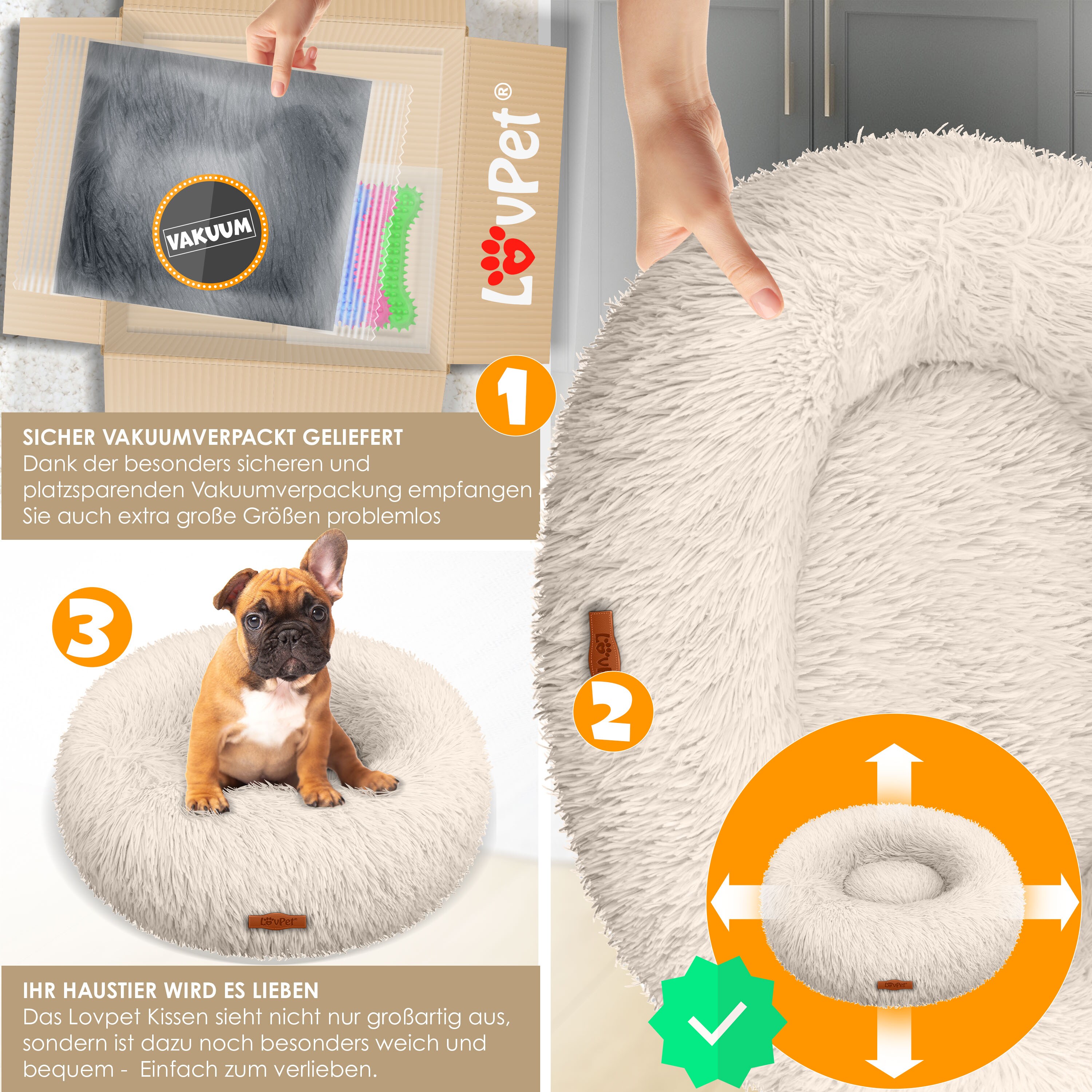 LOVPET® Hundebett Hundekissen Katzenbett Bagel, Waschbar, Inkl. Napf + 3x Kauknochen, Hundesofa flauschig Kissen Rund aus Plüsch für Kleine, Mittelgroße & Große Hunde, Katzen