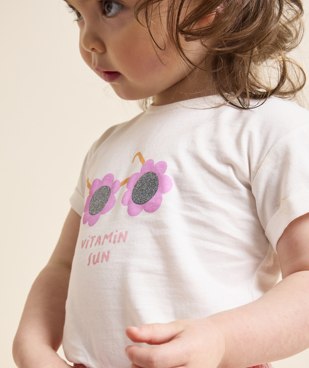 t-shirt manche courte bébé fille en coton bio anti-uv écru