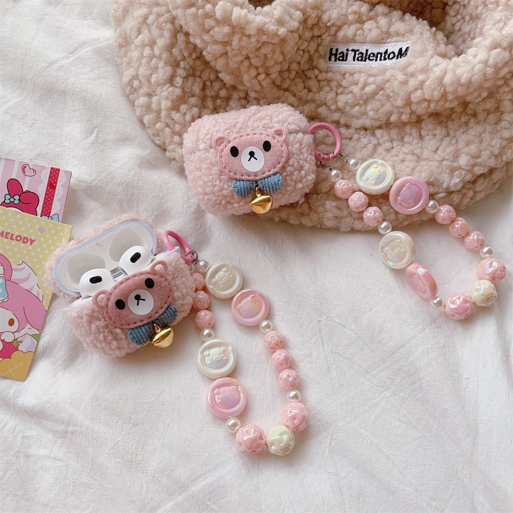 AirPods (3. Generation) Gummi Case Schutzhülle mit Handschlaufe - Cartoon Bär (Rosa)
