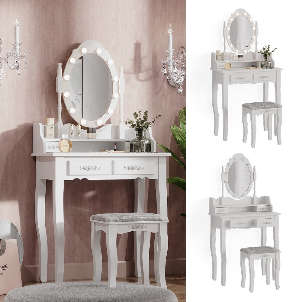 Vicco Schminktisch Frisiertisch Kosmetiktisch Maggie Weiß Schminkspiegel Hocker 75x147 Barock LED Beleuchtung Schlafzimmerkommode Schminkkommode Schublade Aufbewahrung Frisierkommode Make-Up-Tisch