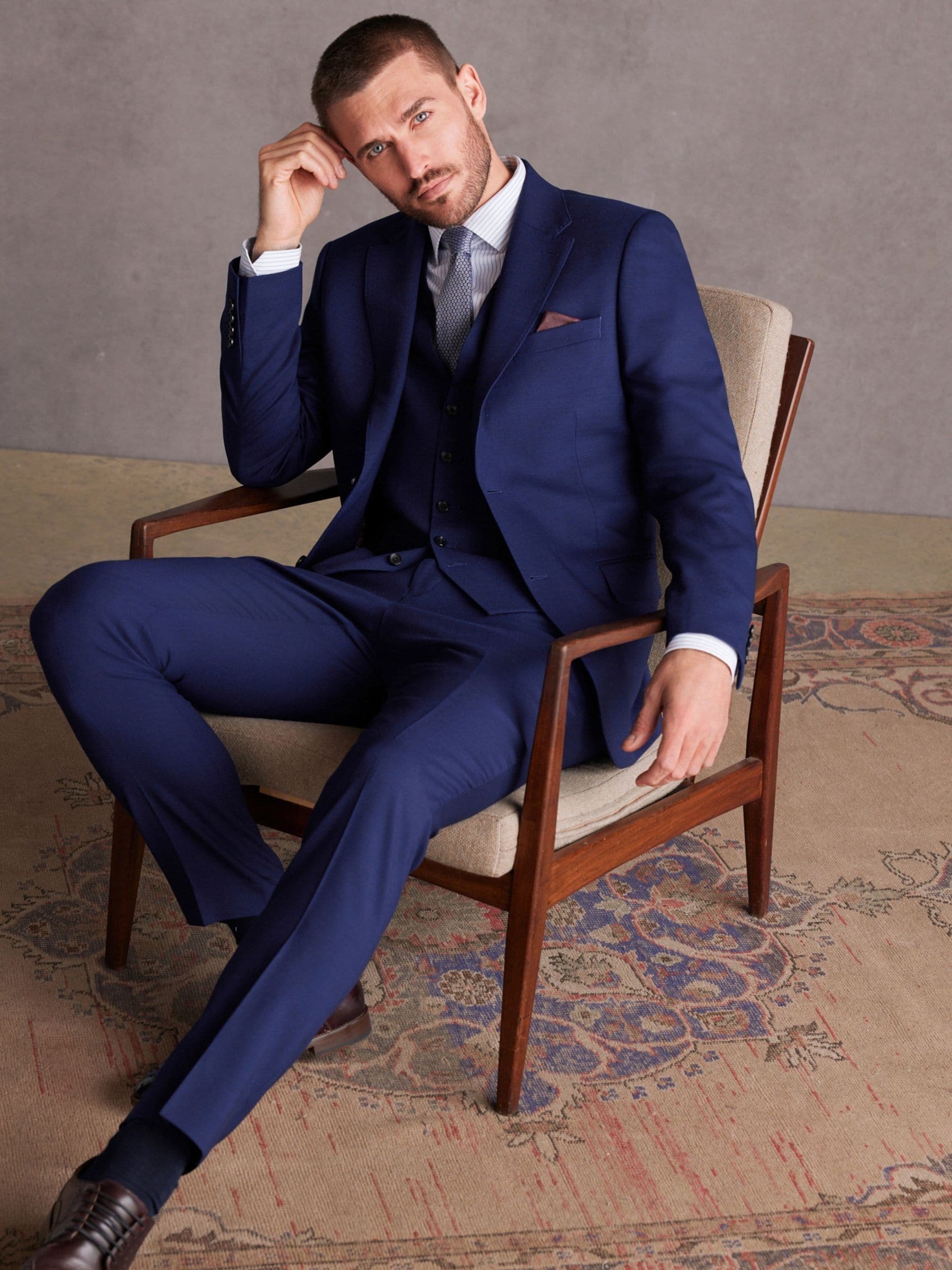 Helderblauw - Signature getextureerd slim-fit kostuumjasje van Italiaanse Tollegno-wol