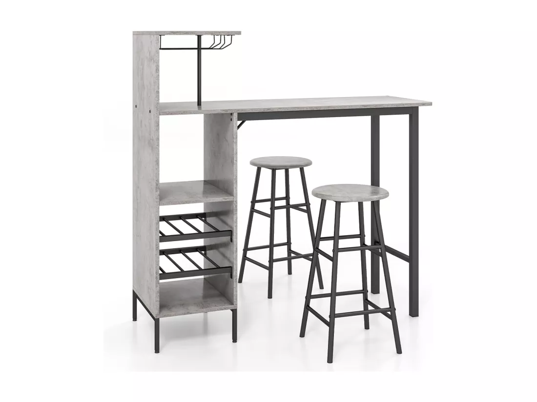 Table Haute Cuisine avec Tabouret, avec Porte-Verre Porte-Bouteilles, Table Bar avec Tabouret 2 Personnes Compact, Gris