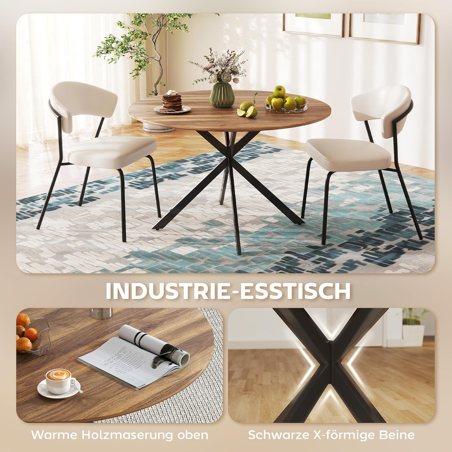 HOMCOM Runder Esstisch für 4 Personen, Ø120 cm Küchentisch im Industriestil mit Stahlbeinen, für Esszimmer, Küche, Homeoffice, Dunkelbraun