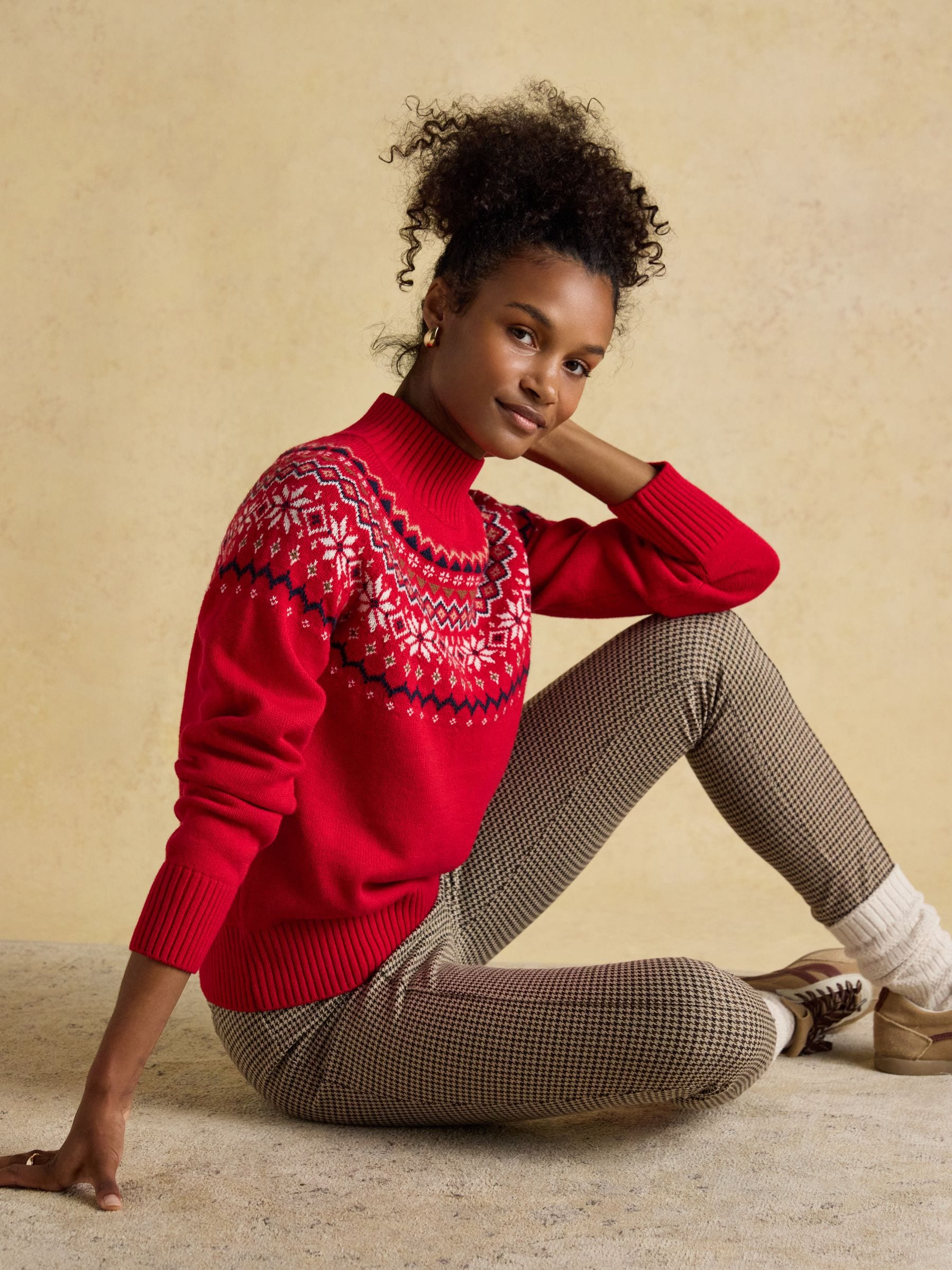 Rood - Joules Alba Fair Isle High Neck Cotton-Blend Jumper