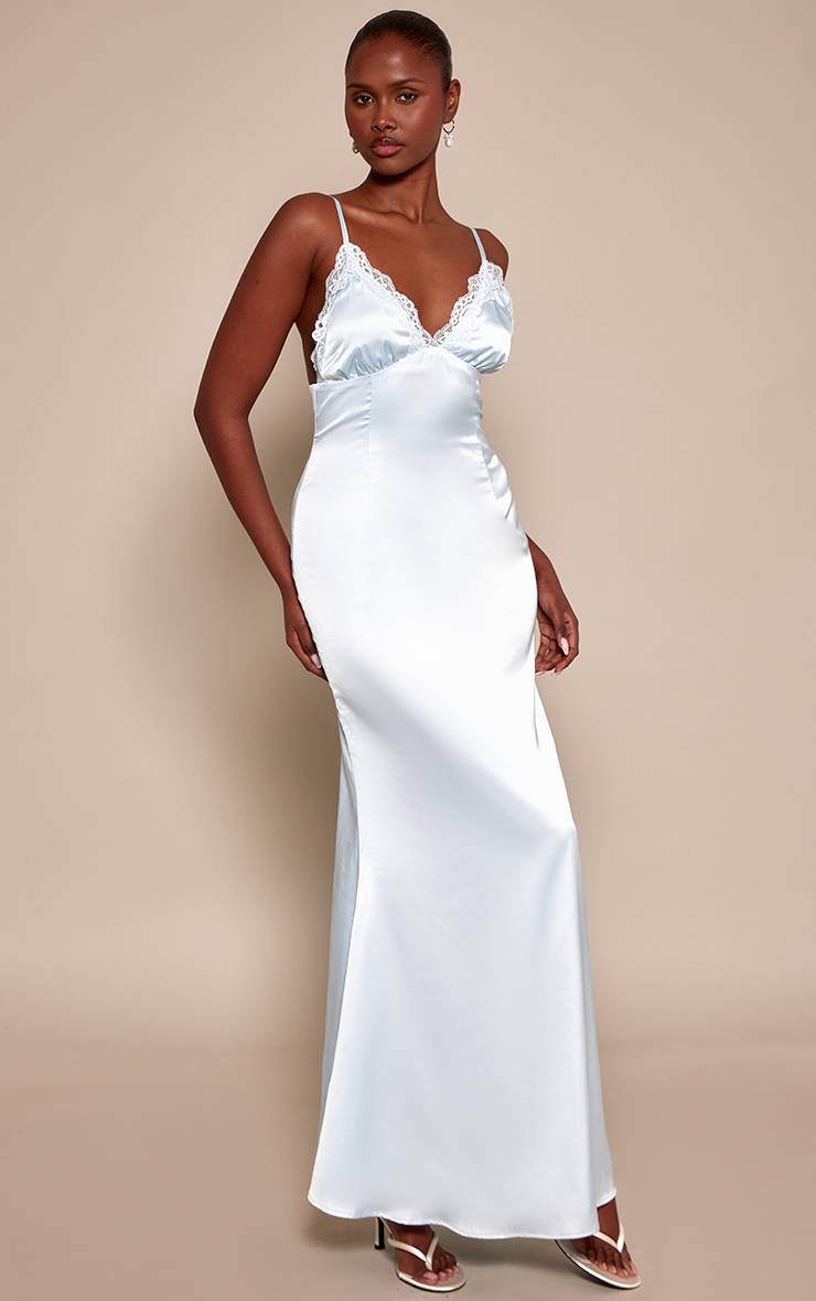 Bleu Ciel Robe Longue Nuisette Satinée À Pois Avec Bonnets En Dentelle
