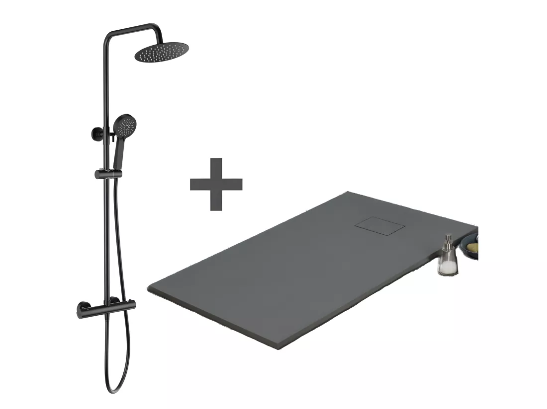 Pack Receveur de douche 90 x 150 cm extra plat gris basalte + Colonne de douche thermostatique noir mat