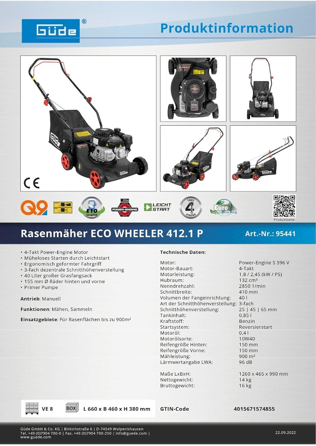 Güde 95441 Rasenmäher ECO Wheeler 412.1 P (4-Takt Power-Engine Motor, 1,8/2,45 (kW/PS), Schnittbreite 410 mm), Schwarz