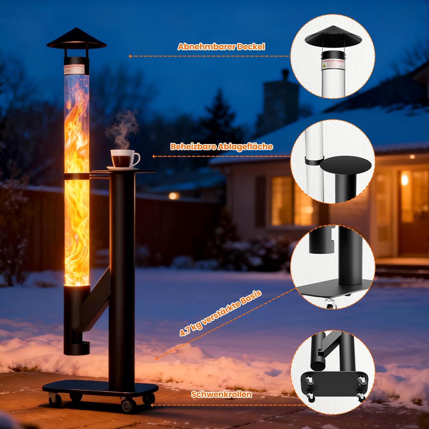Tragbare Feuerrohr mit Rädern – Edelstahl Outdoor Feuersäule und Pelletfackel Terrassenheizer mit Stabiler Basis - Elegante Gartenkamin Alternative für Terrasse und Garten