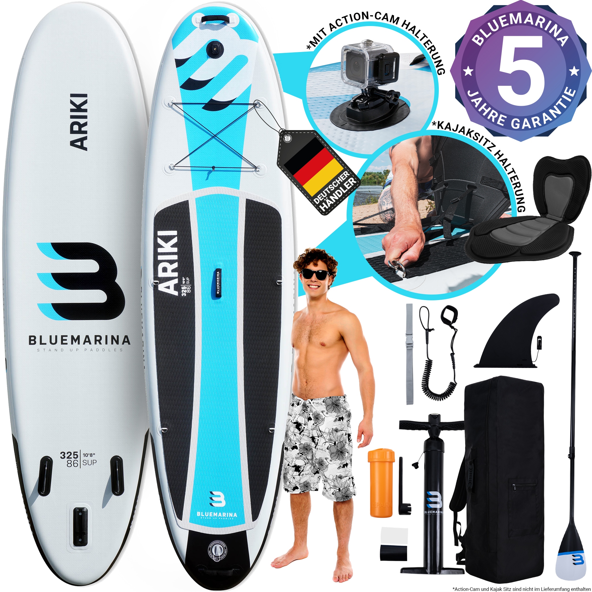Bluemarina SUP Board Ariki, Stand Up Paddle aufblasbar mit Paddel, Pumpe, Rucksack, 5J Garantie (325x86x15cm / 10'8