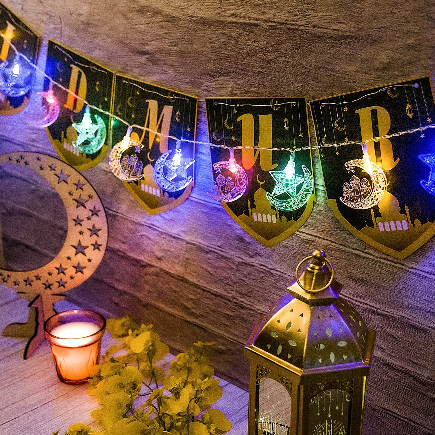(3m) 20 LED's Ramadan Deko Lichterkette Halbmond / Stern / Moschee Eid Mubarak Beleuchtung (Batteriebetrieben) - Bunt