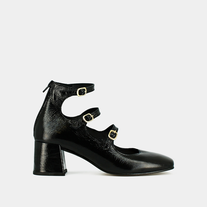 Babies à brides et talons  en cuir brillant noir