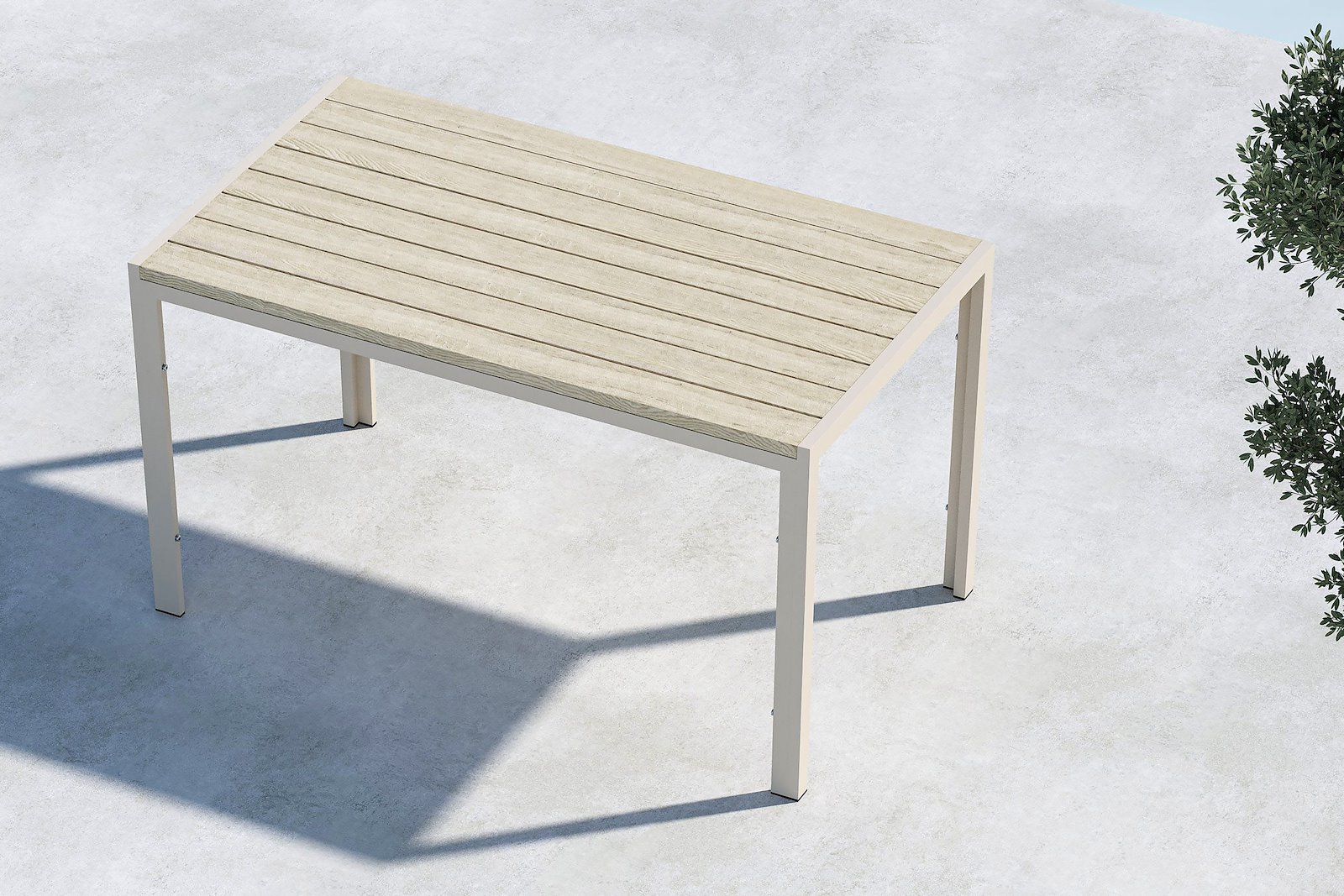 Mirko spisebord Hagebord i beigelakkert aluminium med beige plywood bordplate.