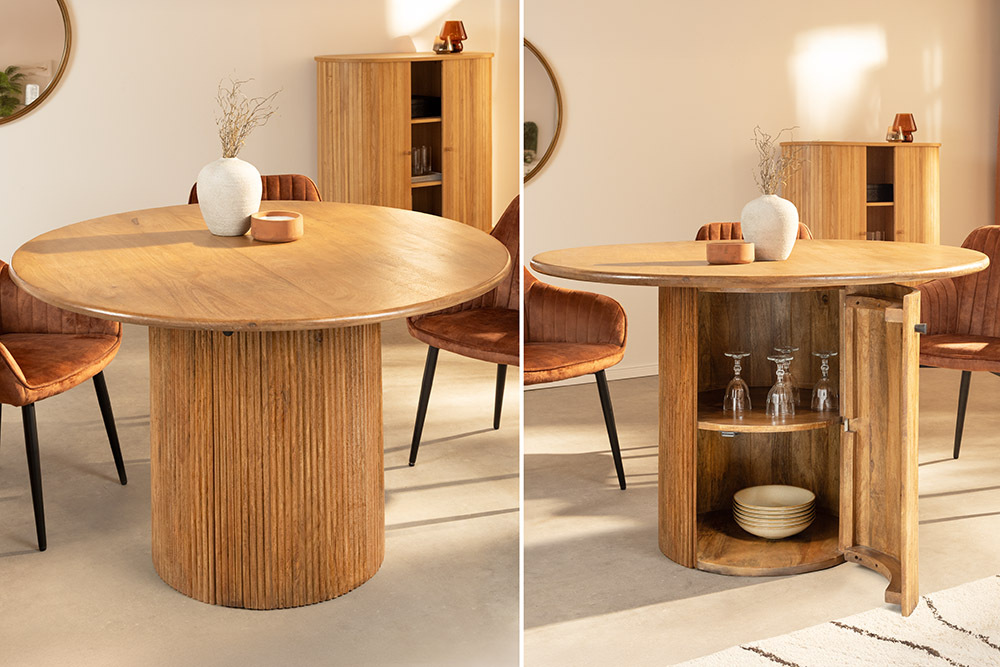 Runder Esstisch TRES CHIC 120cm braun Mangoholz Massivholz mit Stauraum