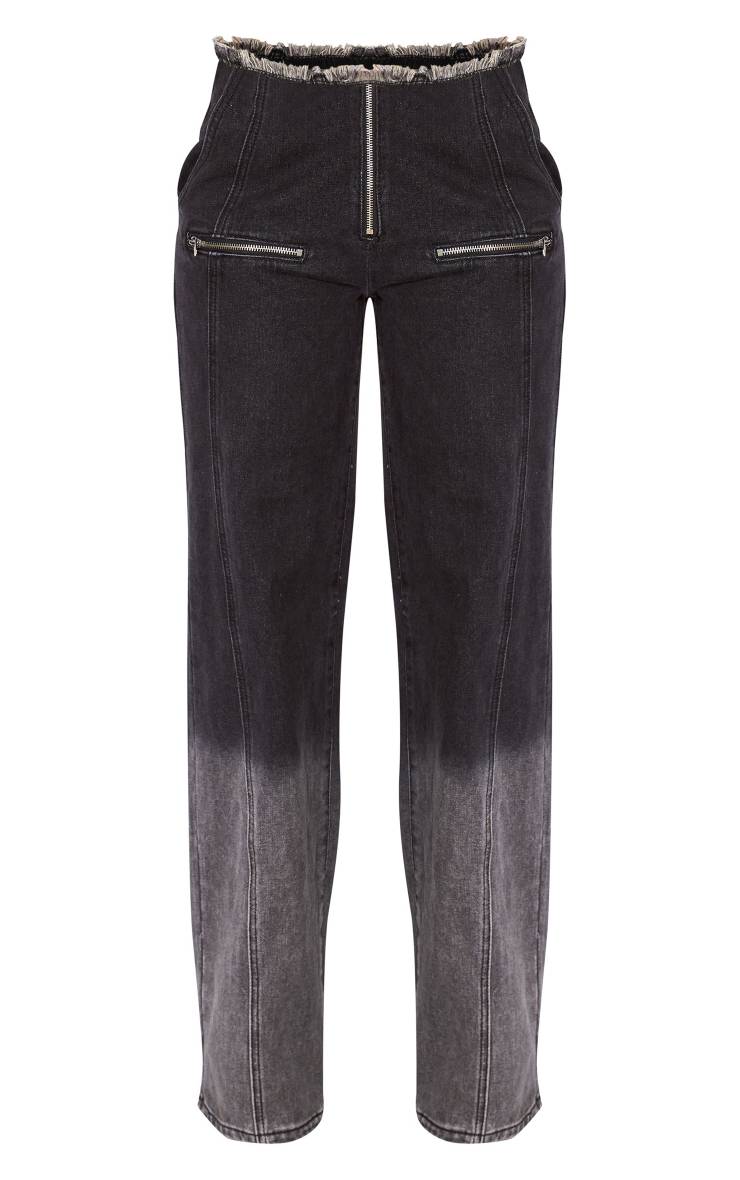 Noir Délavé Jean Taille Haute Effiloché Taille Basse Coupe Large Jambe Large