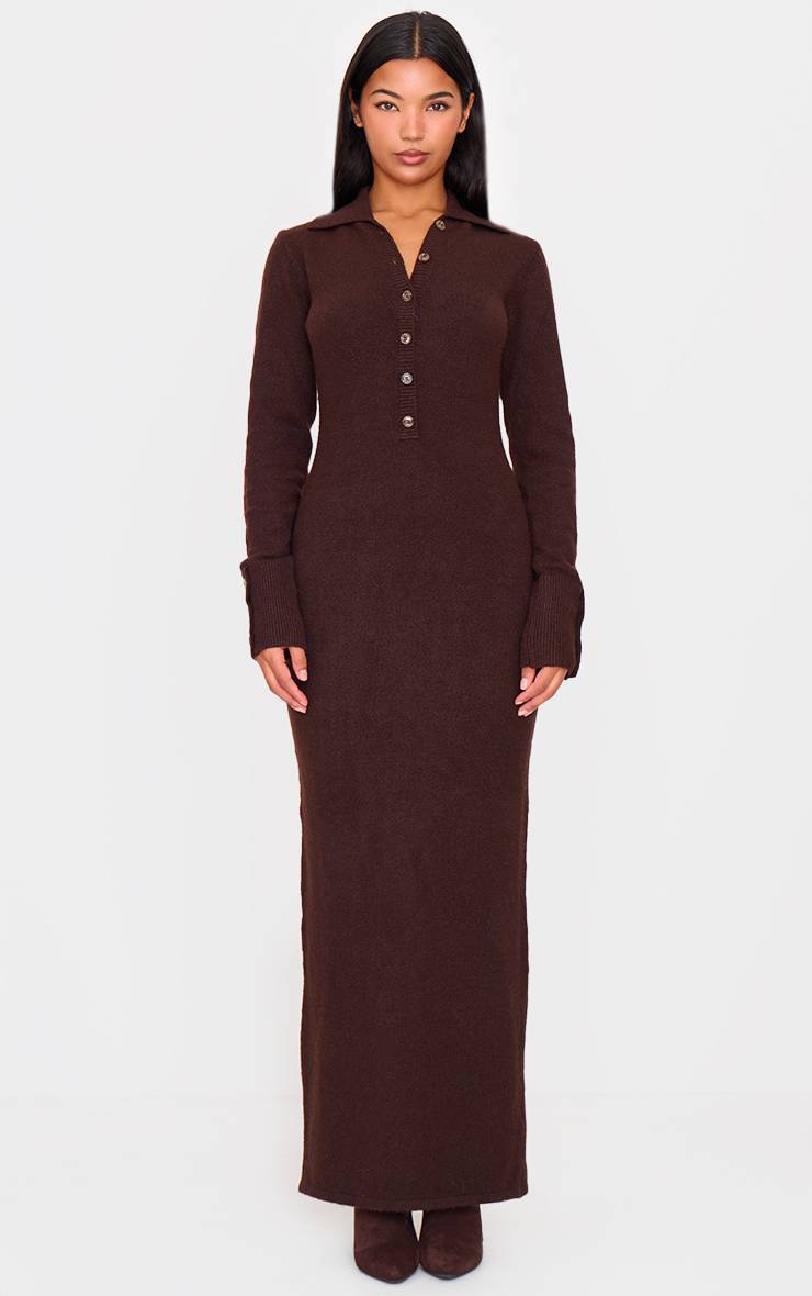 Chocolat Robe Maxi En Maille Bouclette Douce Avec Col Et Boutonnière
