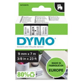 DYMO D1, markeringstape, 9mm, sort tekst på transparent tape, 7m
