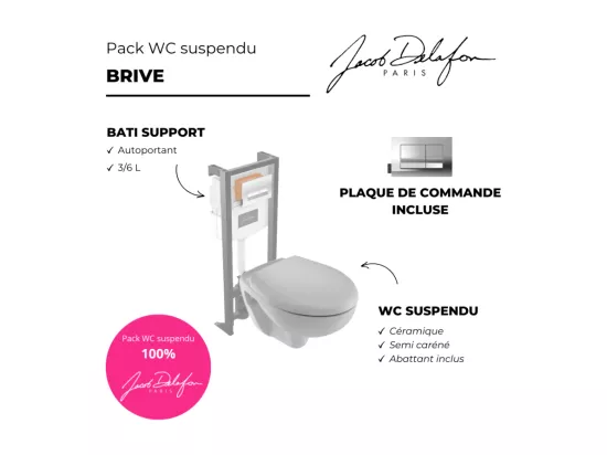 Pack WC suspendu JACOB DELAFON Brive semi caréné + bâti-support + abattant standard + plaque chromée