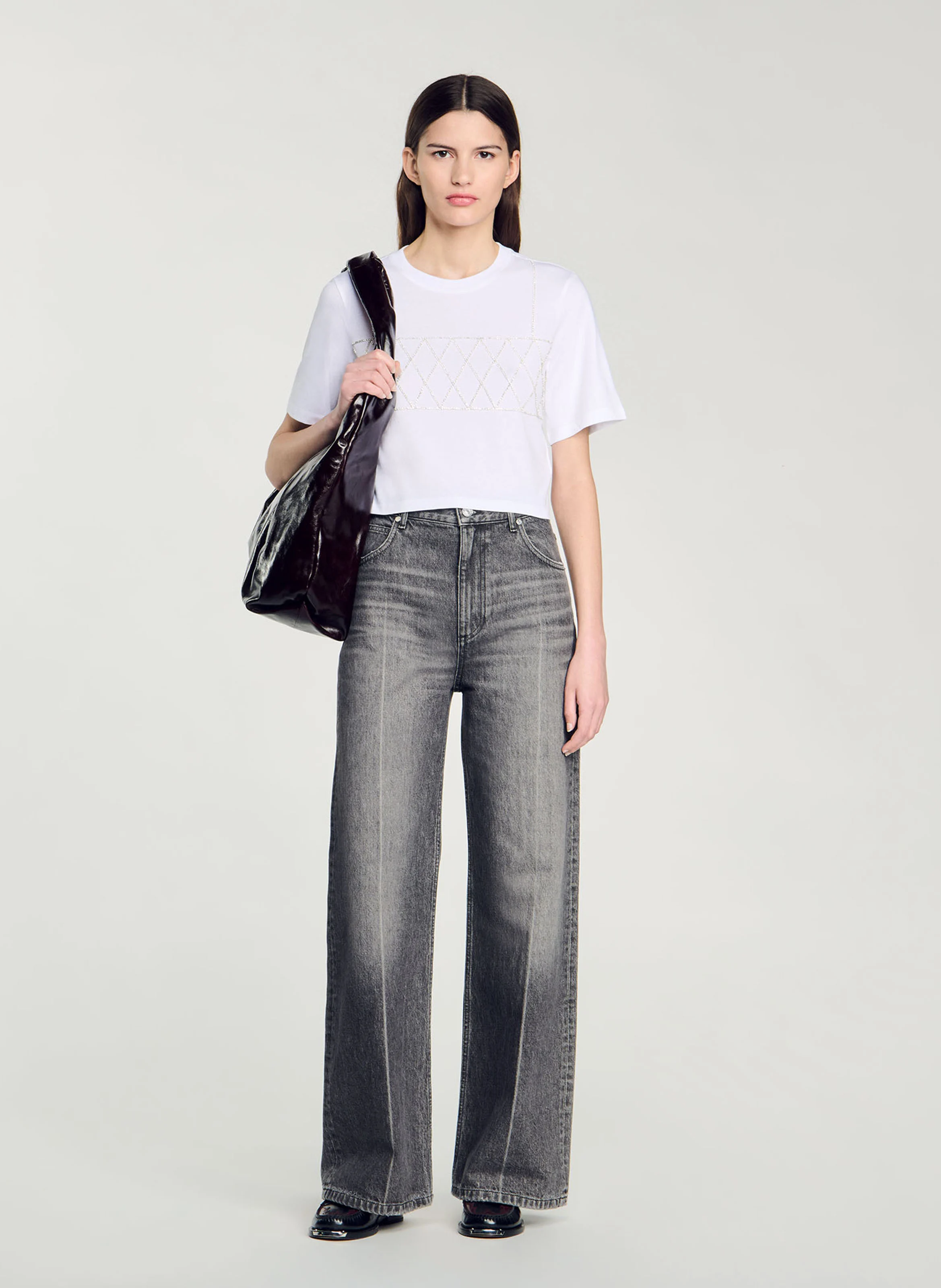 Tee-shirt court en coton strassé | Blanc