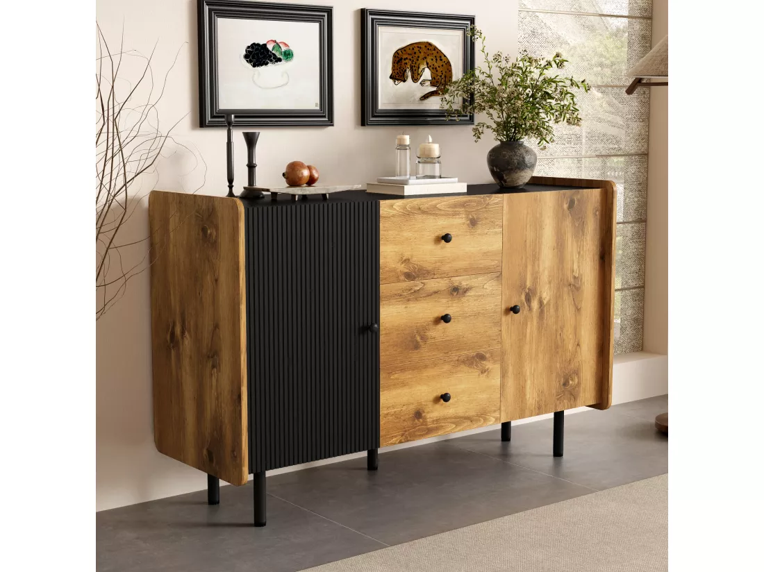 Buffet contemporain - 2 portes et 3 tiroirs - Noir & Naturel