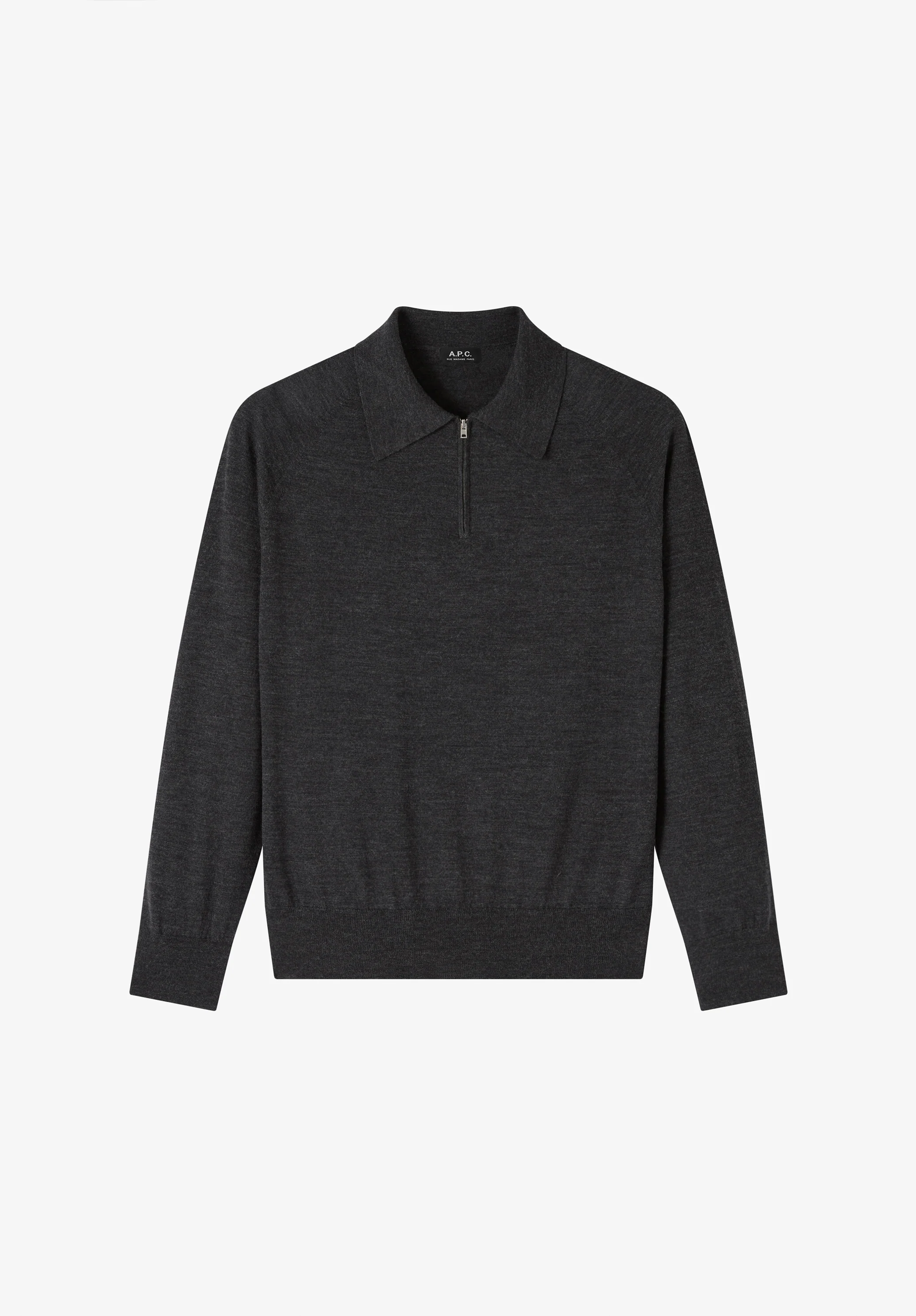 Polo manche longue en laine grise - Anthracite chine