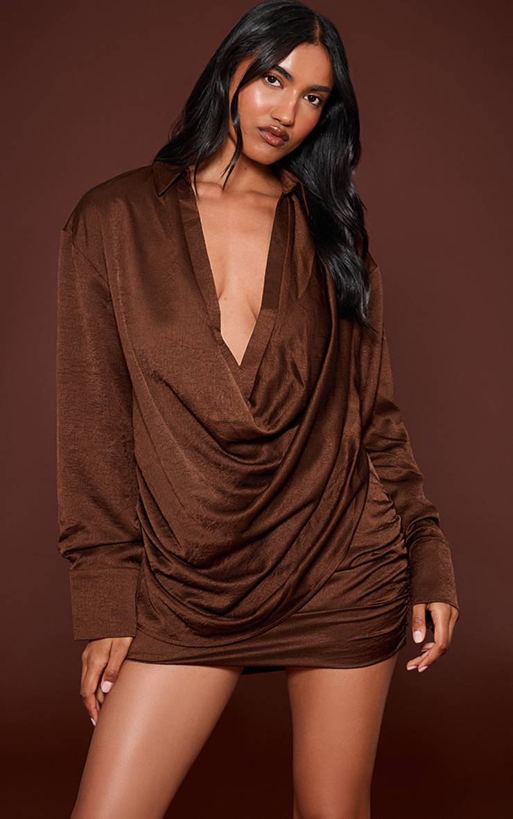 Chocolat Ensemble Jupe Courte Satinée Texturée Froncée