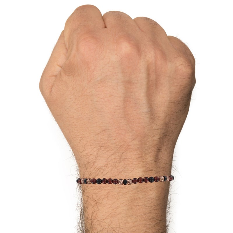 Bracelet Lien Homme Perles Rondes Acier Cuivré et Oeil de Tigre - taille 18 cm