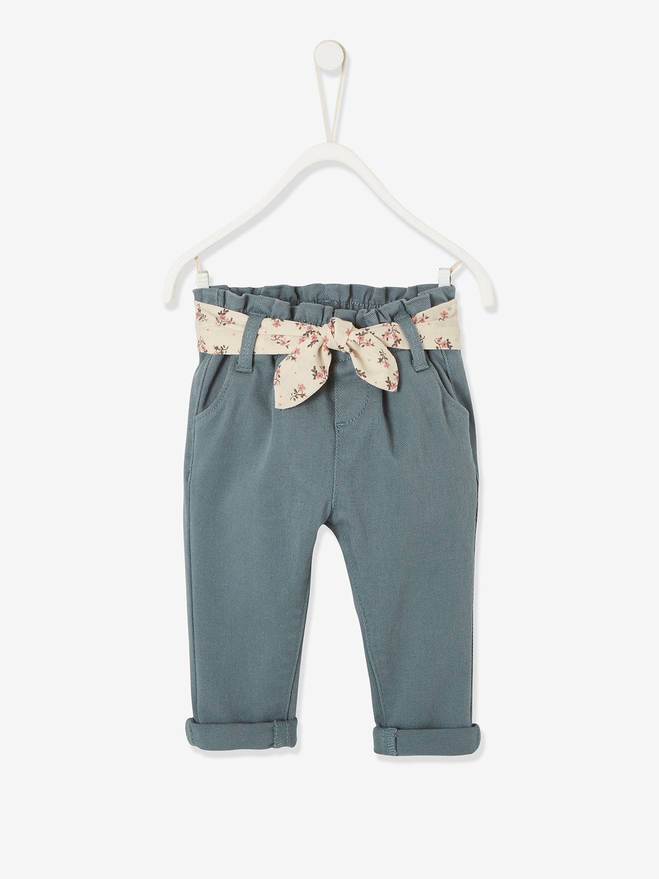 Calças com cinto de tecido, para bebê, verde médio liso