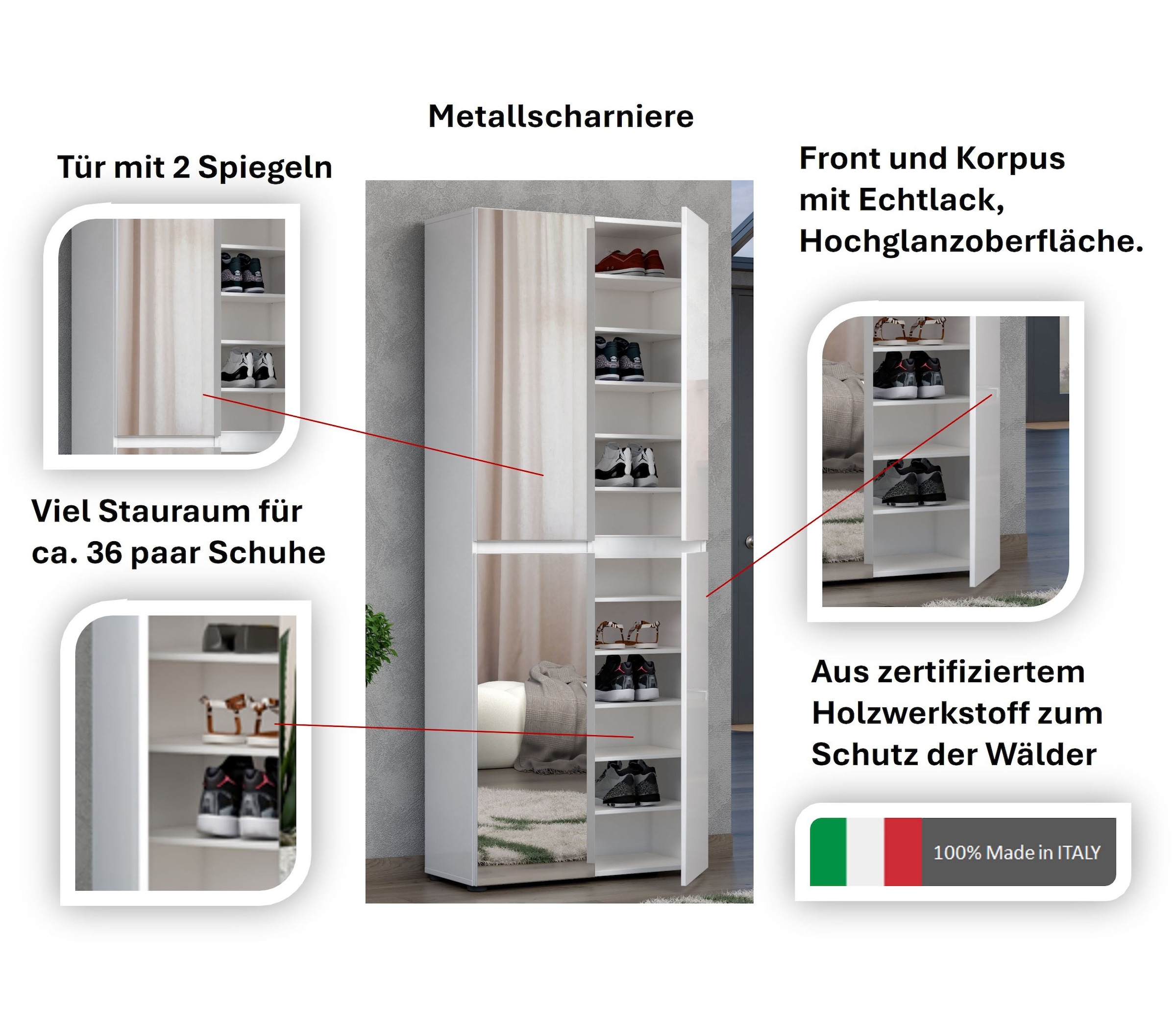 INOSIGN Schuhschrank »Mister,Schuhkommode,Schuhmöbel,Schuhablage,Schuhregal« Breite 80 cm, Höhe 200 cm, Tiefe 34 cm, 4 Türen, 12 Fächer, 2 Spiegel